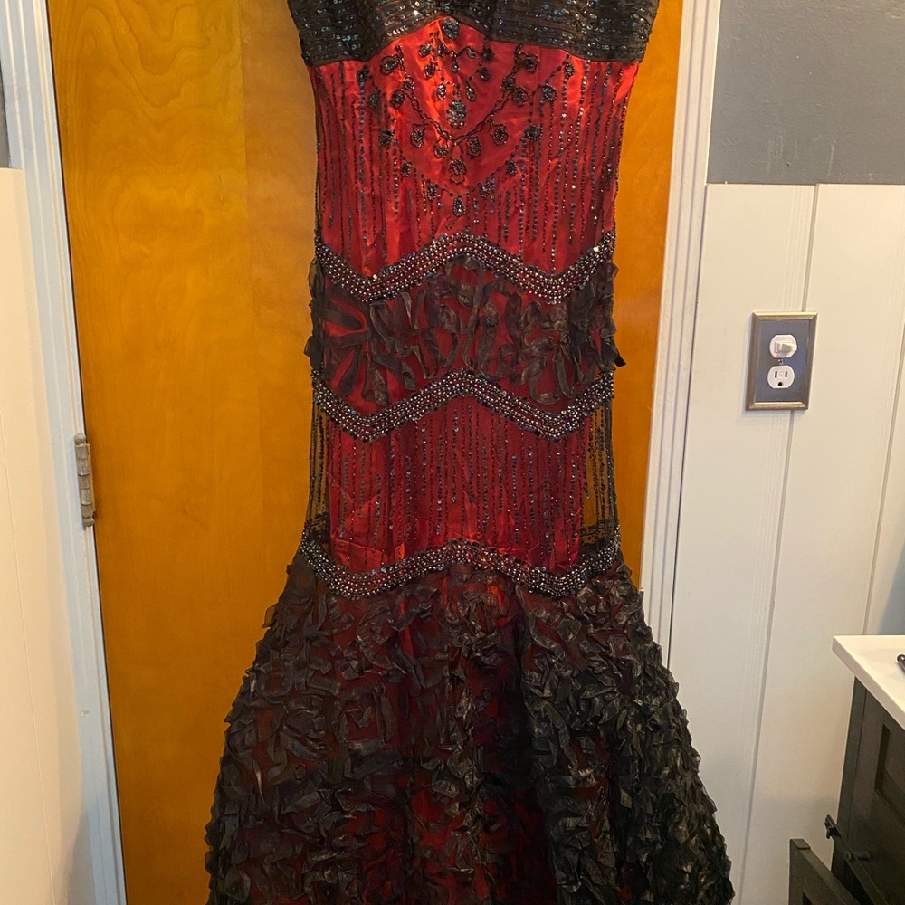 NWOT Red & Black Strapless Corset Mermaid Prom Dress with Sequins & Rhinestones